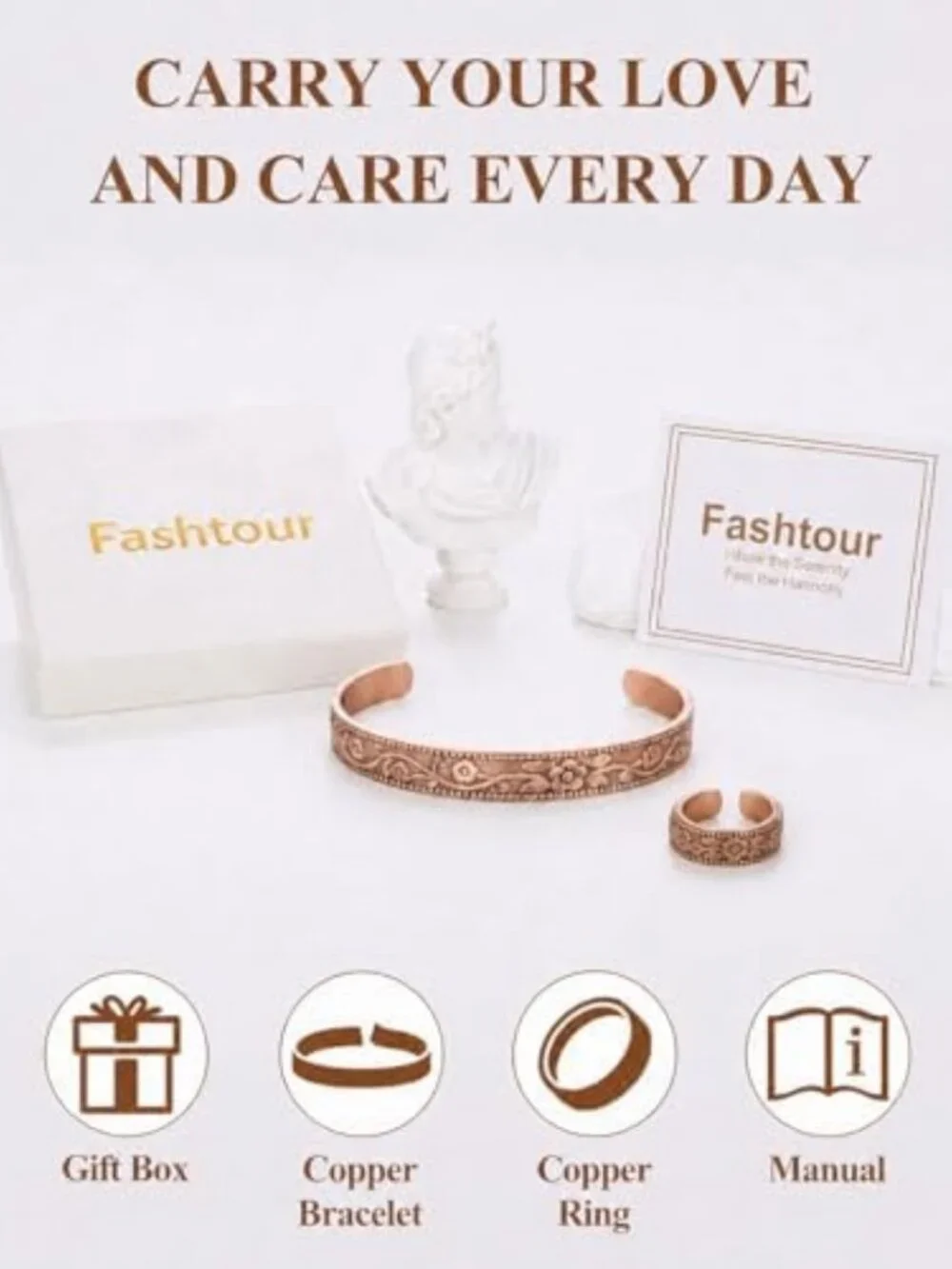 Handmade Solid Copper Bracelet & Ring Set - Uncoated Hammered Cuff for Men